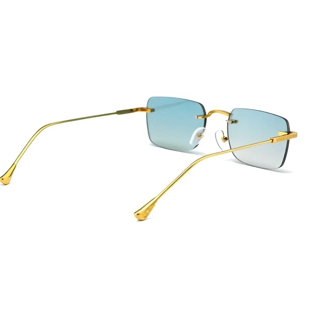 Mens Rimless Rectangular Sunglasses Gold Frame Green Gradient Lens Retro Y2K New